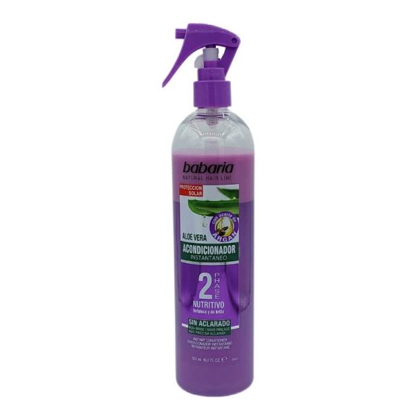 اسپری دو فاز تغذیه کننده و نرم کننده مو باباریا Babaria مدل Aloe Vera حاوی آرگان حجم 500 میلی لیتر (بنفش)